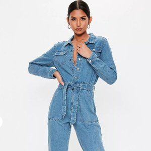 NEW MISSGUIDED Button Thro Belted Denim Boilersuit